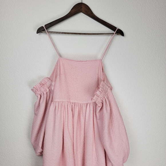 NWT Sister Jane DREAM Off Shoulder Long Puff Sleeve Midi Cami Dress Pink Small - Picture 7 of 13